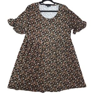 Vibe Black Ditsy Floral Babydoll Dress Ruffle Sleeves 2X A-Line